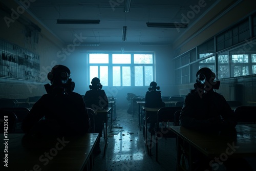 students with sovietic gas mask sitting at classroom desks 