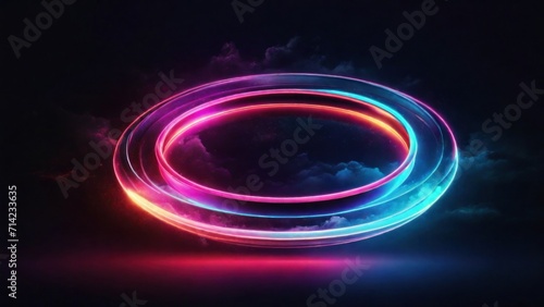 abstract cloud illuminated with neon light ring on dark night sky. Glowing geometric shape, round frame, Generative, AI.