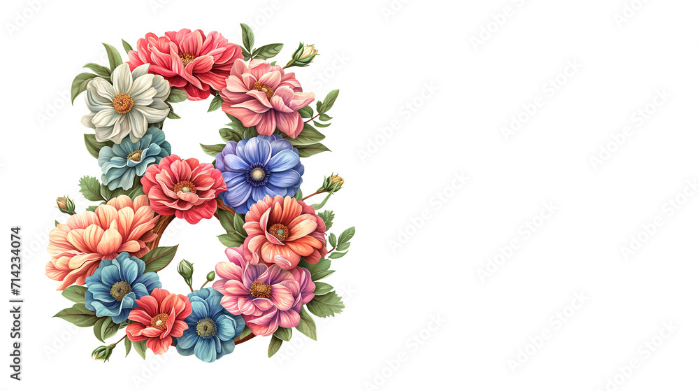 The number 8 consists flowers in watercolor style with space for text on white background