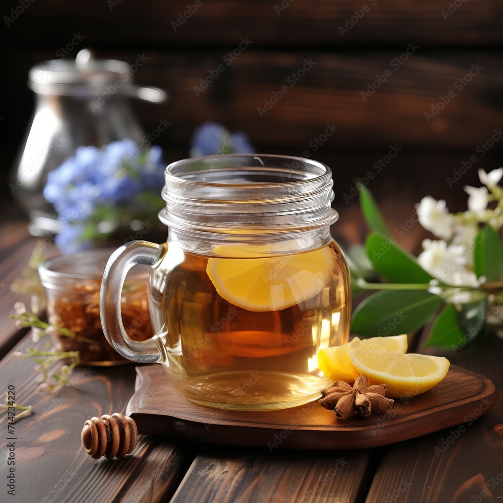 Elegant glass cup of refreshing ginger lemon tea with natural honey on rustic wooden table Elegant glass cup of refreshing ginger lemon tea with natural honey on rustic wooden table