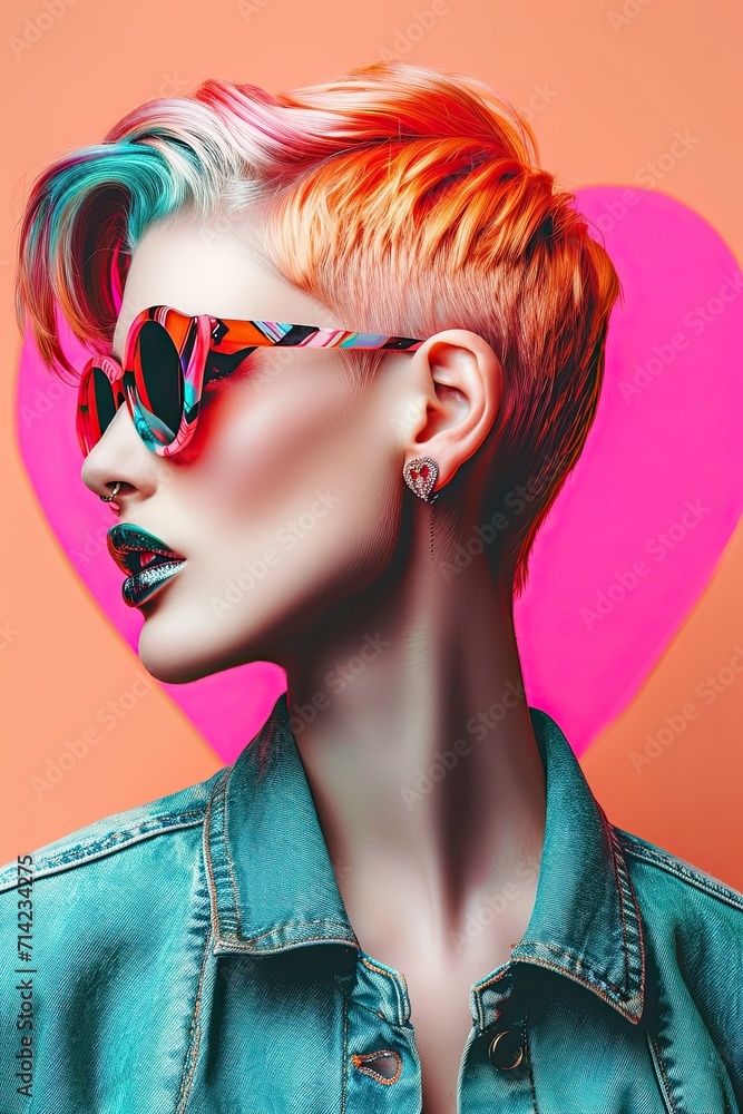 Naklejka premium Urban Chic in Color: A pop art fashion photo, profile of a trendy girl with short haircut and sunglasses on heart shaped background.