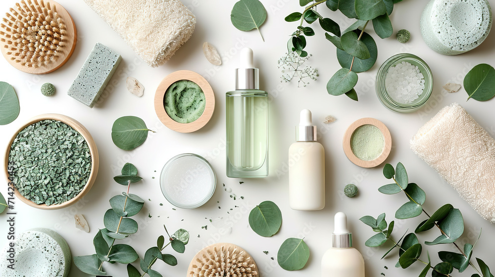 Flat lay composition with body care products and eucalyptus branches on white background - obrazy, fototapety, plakaty 