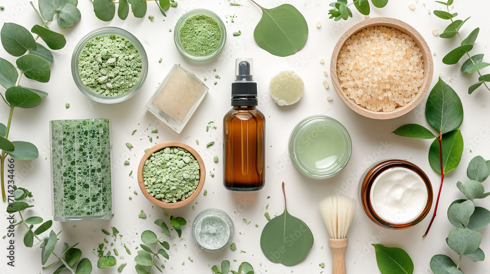 Flat lay composition with body care products and eucalyptus branches on white background Flat lay composition with body care products and eucalyptus branches on white background