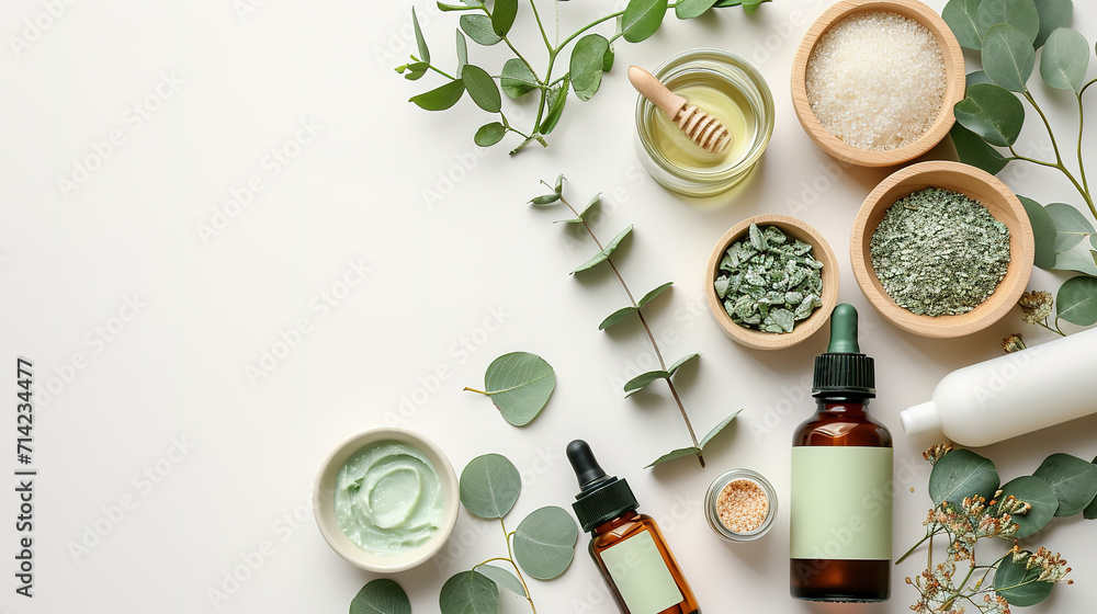 Flat lay composition with body care products and eucalyptus branches on white background Flat lay composition with body care products and eucalyptus branches on white background