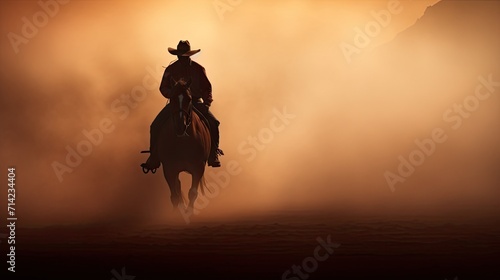 Silhouette of a man riding a horse wearing a cowboy hat in the dust of the prairie.