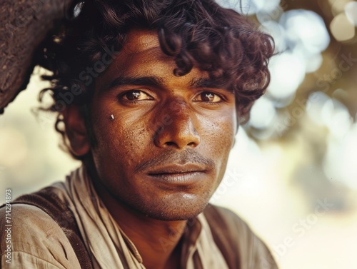 Photorealistic Adult Indian Man with Brown Curly Hair vintage Illustration. Portrait of a person in World War II era aesthetics. Historic movie style Ai Generated Horizontal Illustration.
