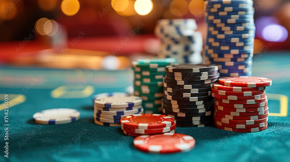 Poker chips and cards on the table in casino. Close-up Poker chips and cards on the table in casino. Close-up