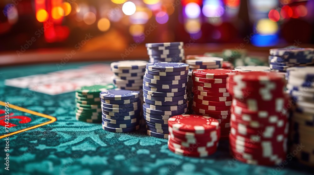 Poker chips and cards on the table in casino. Close-up