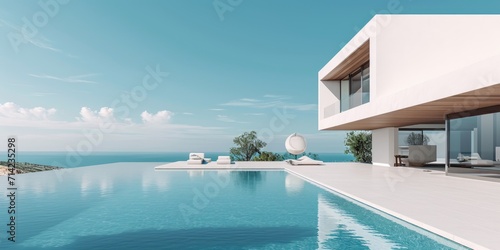 White minimalistic villa with swimming pool on the background of a blue sky © piai