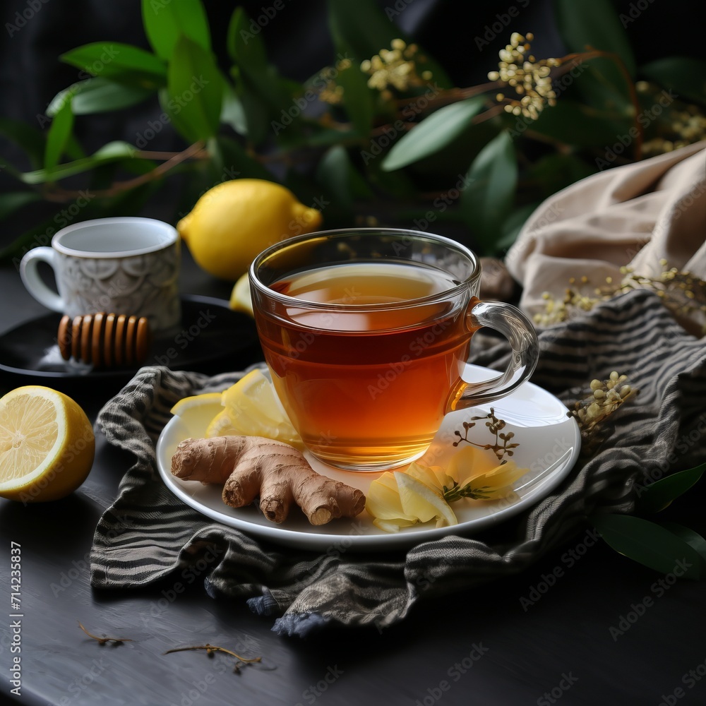 title. glass cup of tea with ginger, lemon and honey on bright kitchen table close-up title. glass cup of tea with ginger, lemon and honey on bright kitchen table close-up