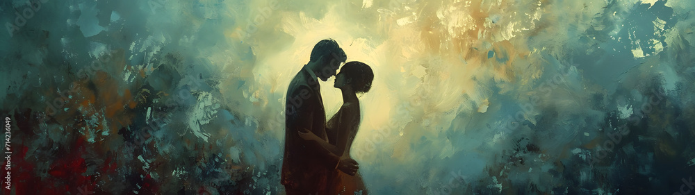 Painting of Man and Woman Embracing in Intimate Embrace - obrazy, fototapety, plakaty 