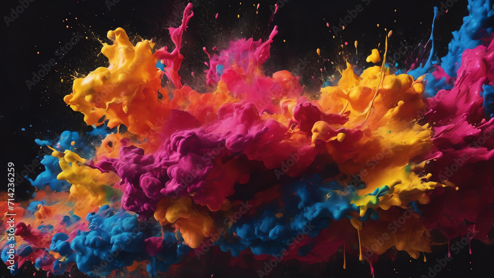 Colorful cloud of paint in a dark background. Vibrant and dynamic abstract image of paint splashing