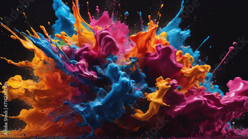 Colorful cloud of paint in a dark background. Vibrant and dynamic abstract image of paint splashing © Zulfi_Art