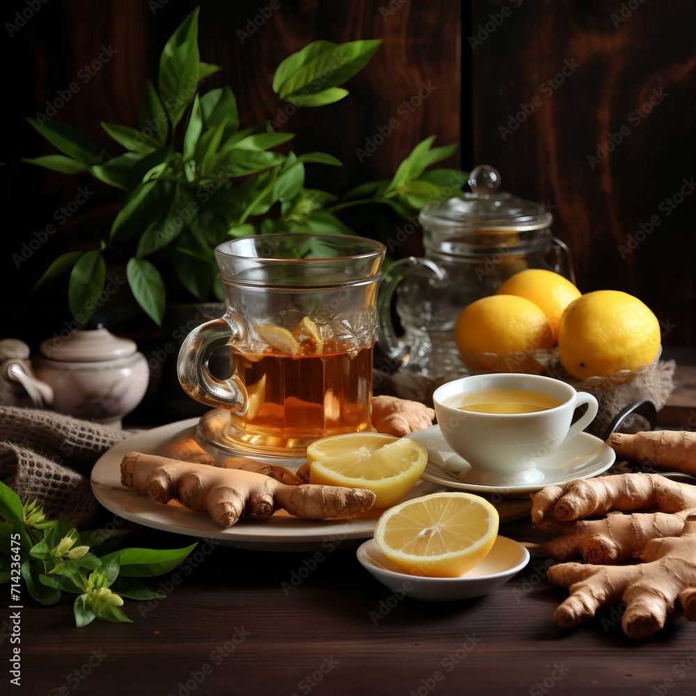 vibrant kitchen. close-up of glass cup with refreshing spiced tea, ginger, lemon, and honey vibrant kitchen. close-up of glass cup with refreshing spiced tea, ginger, lemon, and honey