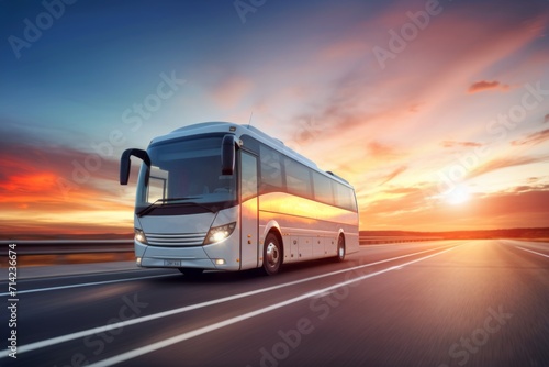 Touristic coach bus on highway road intercity regional domestic transportation driving urban modern tour traveling travel journey ride moving transport concept public comfortable passengers shuttle