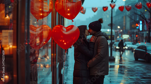 Couple Sharing a Romantic Moment in Front of a Store Window