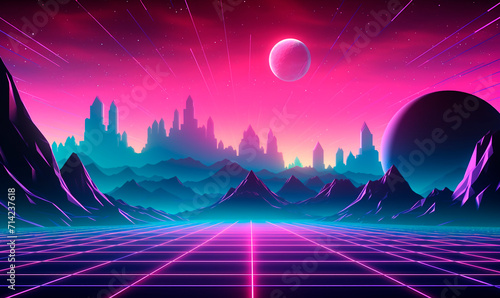 Synthwave mesh neon road with cyber mountains and hills. Glowing 3d night with purple digital planet and straight highway going to moon on horizon in 80s vaporwave design photo