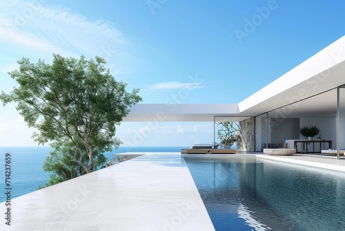 White minimalistic villa with swimming pool on the background of a blue sky © piai
