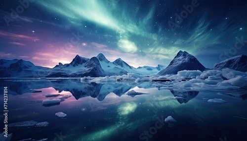 View of night sky with multicolored aurora borealis and snowy mountains peak background. Night glows in vibrant aurora reflection on the lake with forest. 