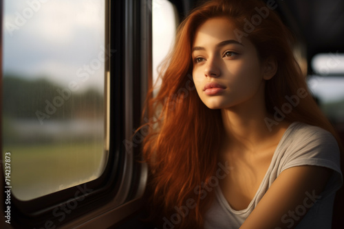 Hispanic girl traveling by train - ai generative