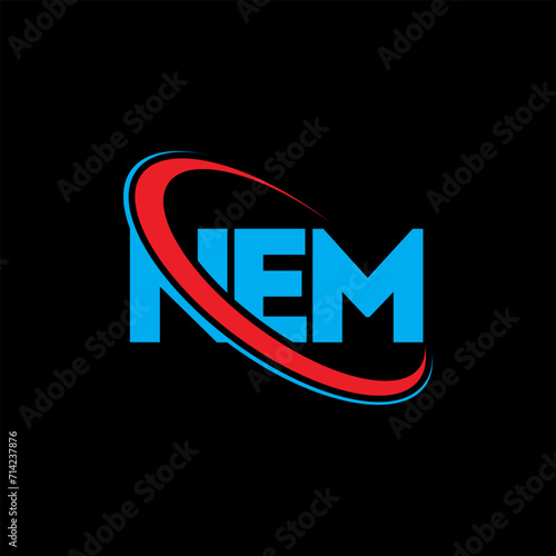 NEM logo. NEM letter. NEM letter logo design. Initials NEM logo linked with circle and uppercase monogram logo. NEM typography for technology, business and real estate brand.