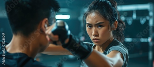 Asian woman practicing self defense techniques in a gym, sparring with a male opponent and using an elbow blow with a wristlock. photo