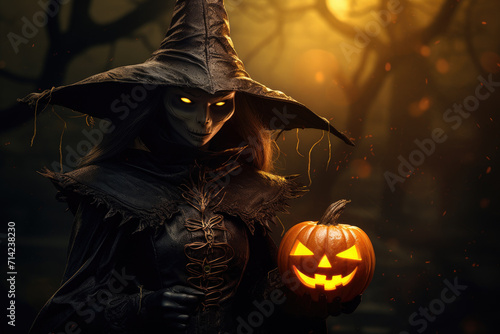 Photo of witch holding a glowing pumpkin lantern, spooky background