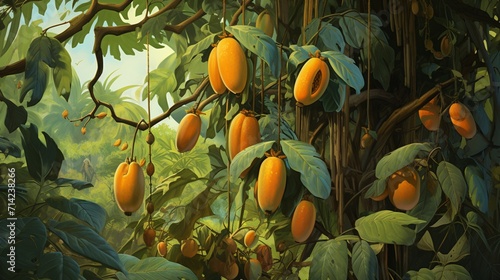 An intricately illustrated papaya tree laden with ripening papayas, capturing the vibrant colors and unique texture of the fruit - Generative AI