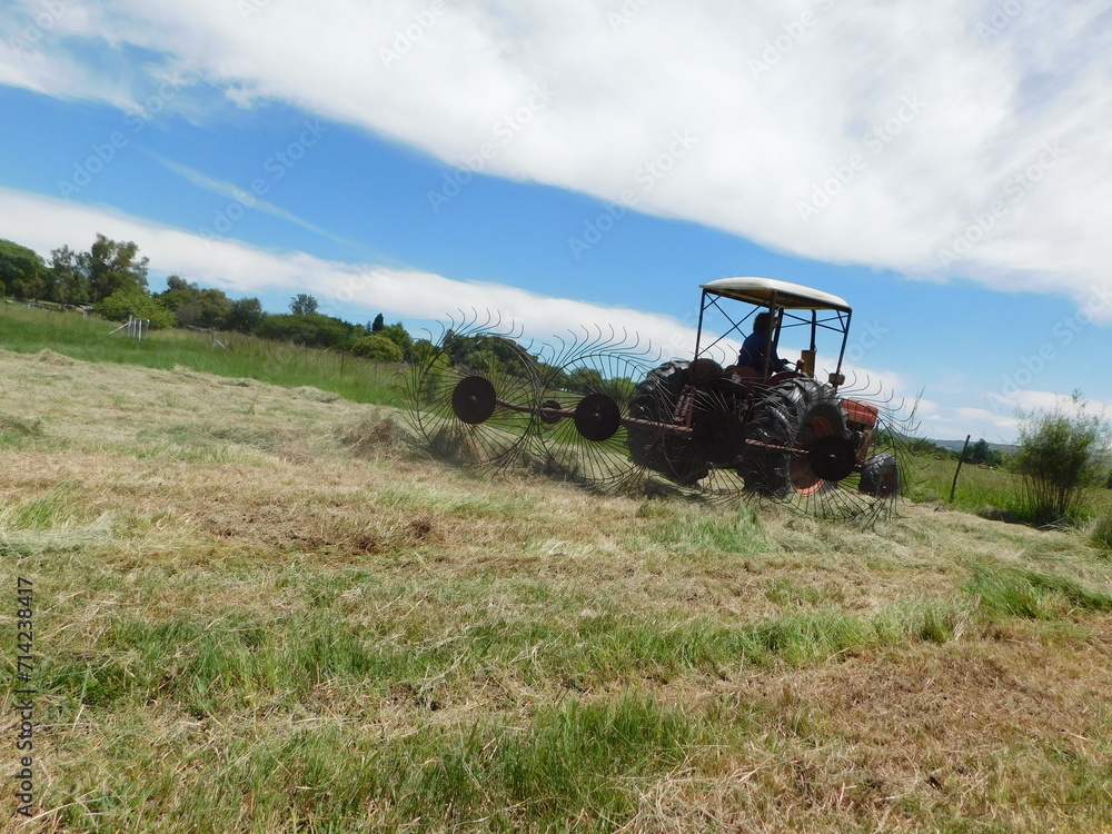 Tractor pulling a rake over a cut Lucerne Field under a blue sky with streaky white clouds, on a farmland in South Africa Tractor pulling a rake over a cut Lucerne Field under a blue sky with streaky white clouds, on a farmland in South Africa