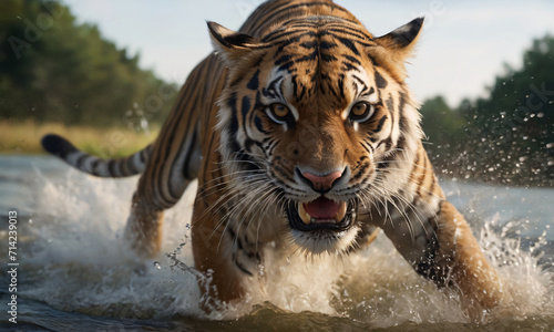 Tiger in attack position in the water