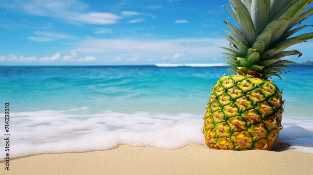 Summer background with pineapple on the seashore. Neural network AI generated art Summer background with pineapple on the seashore. Neural network AI generated art