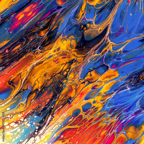 Vibrant, colorful and fluid abstract paint texture background in a modern and contemporary style with shades of blue, orange, yellow, red