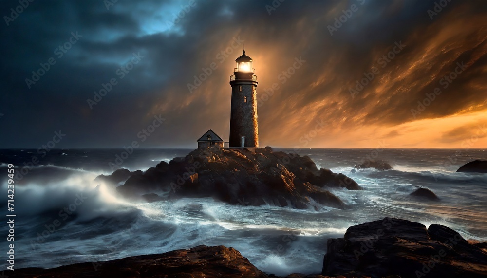the lighthouse is glowing on top of the rocky rocks under a cloudy sky
