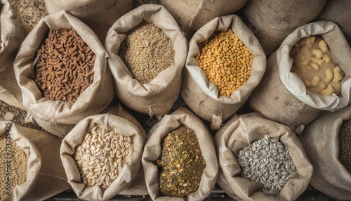 sacks filled with different kinds of food on a table at a market