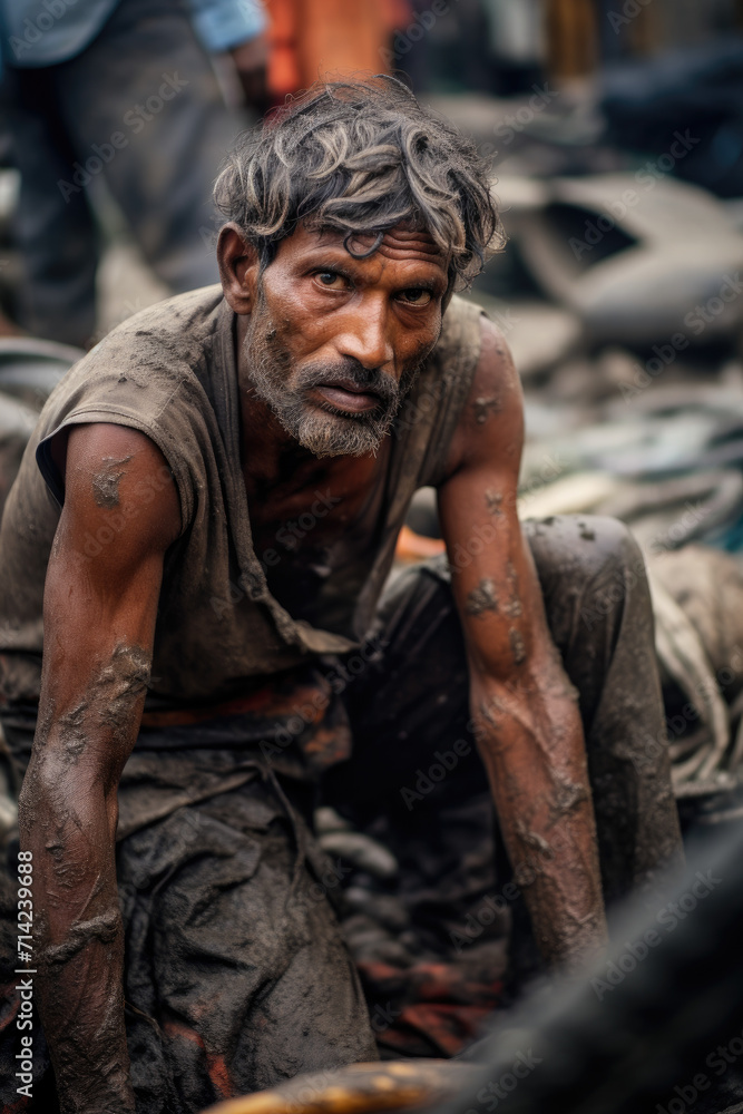 Photograph of a dirty working worker sitting down