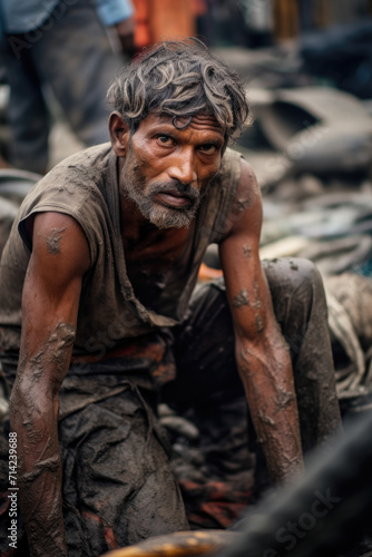 Photograph of a dirty working worker sitting down