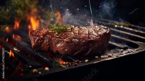 Grilled meat steak on stainless grill depot with flames. Neural network AI generated art photo