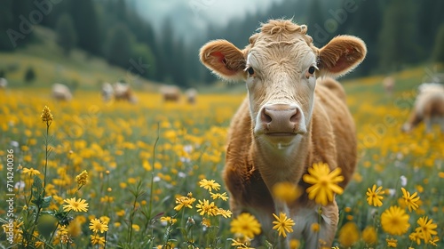 A serene cow amidst a field of yellow flowers. perfect for rural and agricultural themes. tranquility in nature captured. AI