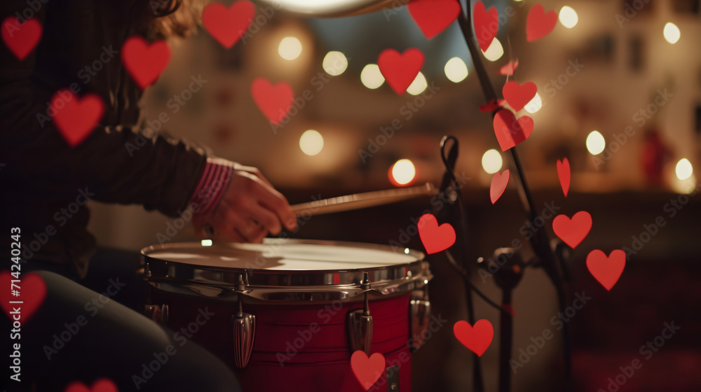Naklejka premium Person Playing Drum With Hearts, Love-Filled Rhythms and Expressive Beats