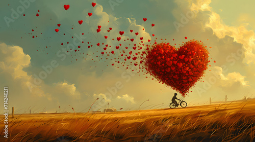 Painting of Person Riding Bike With Heart Shaped Balloon