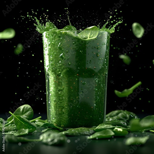 Refreshing green smoothie with splash surrounded by fresh spinach leaves. healthy lifestyle beverage concept. AI