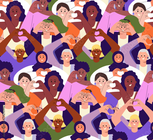 Inspire inclusion concept seamless pattern with diverse women making heart gesture for International Women's day. IWD 2024 print. Flat modern vector illustration