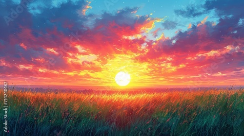 Dramatic Sunset on Grassy Meadow Nature Background AI Generated © Alex