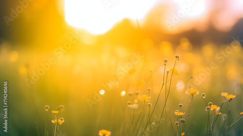 Abstract soft focus sunset field landscape of yellow flowers and grass meadow warm golden hour sunset sunrise time. Tranquil spring summer nature closeup and blurred forest background. Idyllic nature