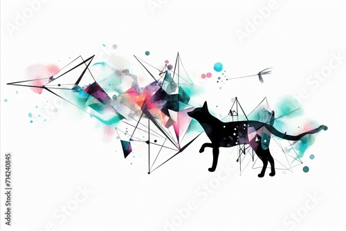 Vibrant watercolor art, close-up of an abstract black cat in colorful geometric shapes