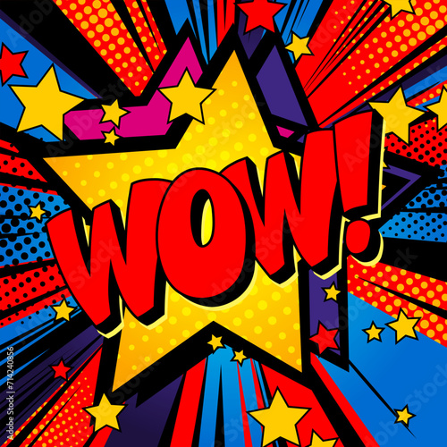 Inscription "wow" against comic background of bright explosion with stars and rays. Vector illustration