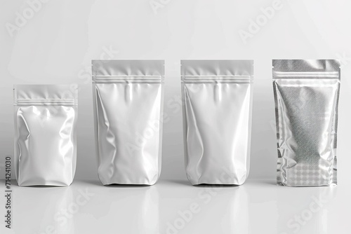 Set of white blank foil food pack bag packaging collection illustration isolated transparent background, PNG. photo