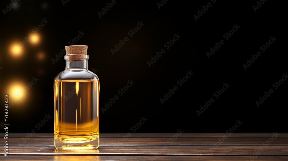 An oil bottle place on a table at one corner with black bakcground - Generative AI An oil bottle place on a table at one corner with black bakcground - Generative AI