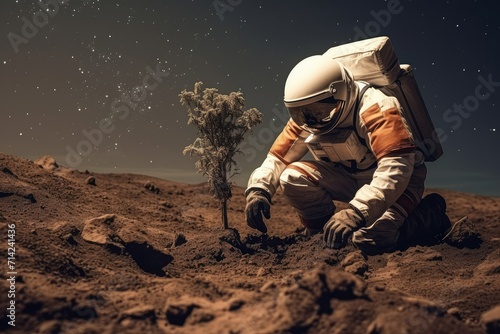 Astronaut planting trees in the desert of a outer planet, astronaut grows plants on an alien planet, Spaceman exploring nature, futuristic concept.