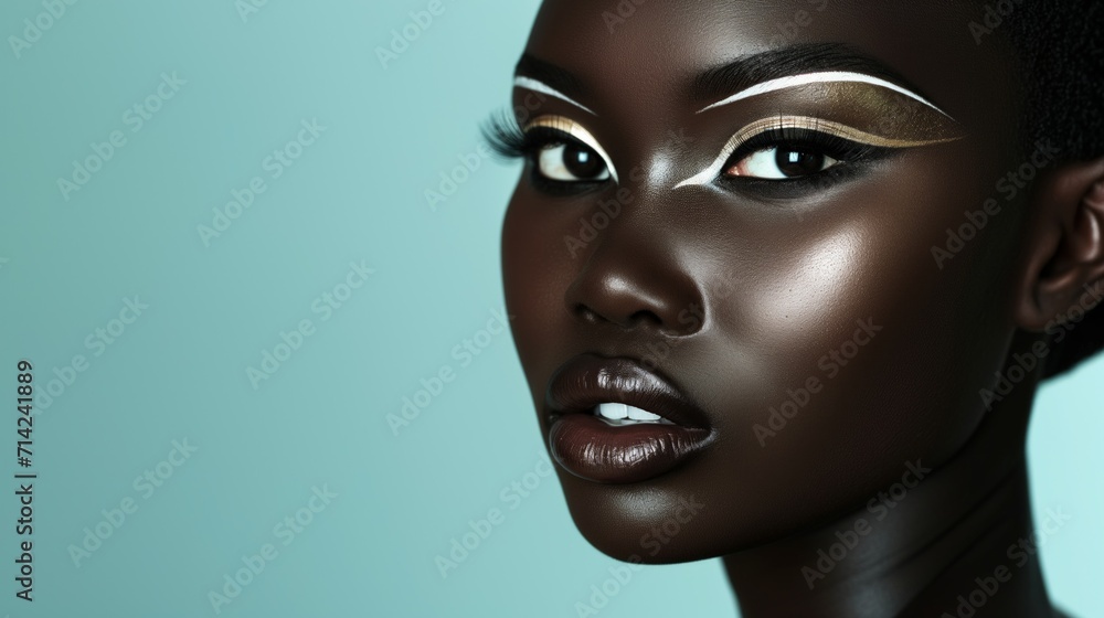 Exquisite African woman showcases stunning gold and white eye makeup, her flawless skin glowing against a teal background Exquisite African woman showcases stunning gold and white eye makeup, her flawless skin glowing against a teal background